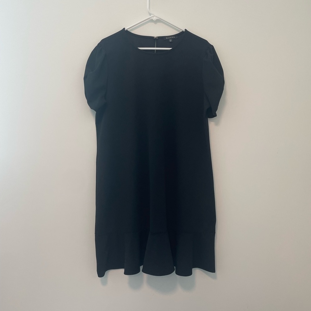 MARINA Black Dress with Ruffle and Ruched Sleeves